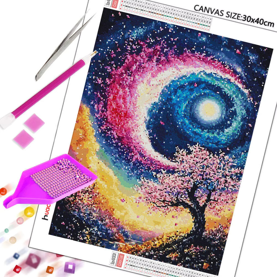 Huacan Diamantmalerei Set Planet Landschaft mit Mond und Baum, Mehrfarbig, B/H: 30 x 20 cm - Bild 2