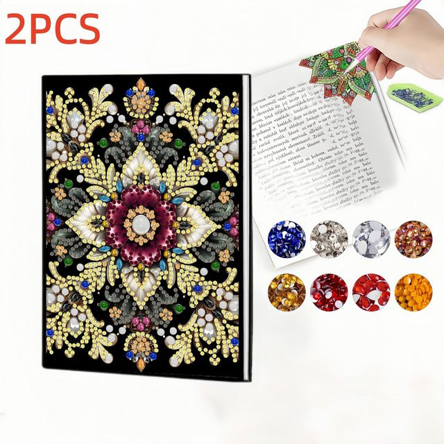 2er Set Diamond-Painting-Notizbuch mit Lesezeichen aus PU-Leder in Multicolour mit Mandala-Muster und Hardcover - Bild 1