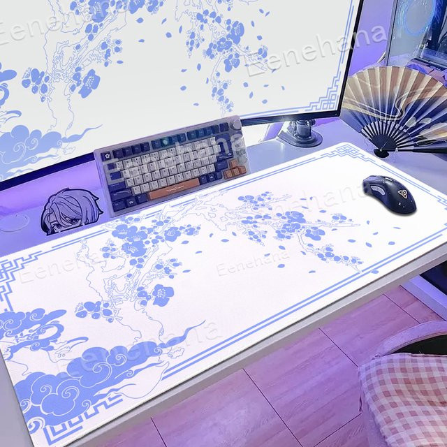 Eenehana XXL Gaming Mauspad im japanischen Stil mit Kirschblüten in Weiß und Blau - Bild 1