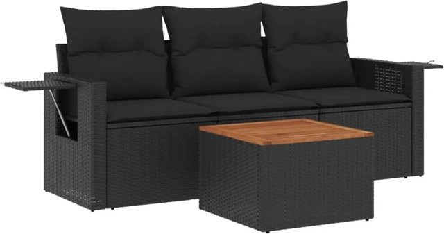 vidaXL 4-tlg Garten-Sofagarnitur aus Polyrattan mit Kissen und Tisch in Schwarz - Bild 1