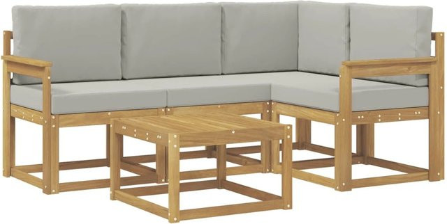 vidaXL Outdoor-Sofagarnitur 5-teilig in L-Form aus Akazienholz mit Polsterung in Weiß und Hellgrau, B/T/H: 59 x 59 x 37 cm - Bild 1