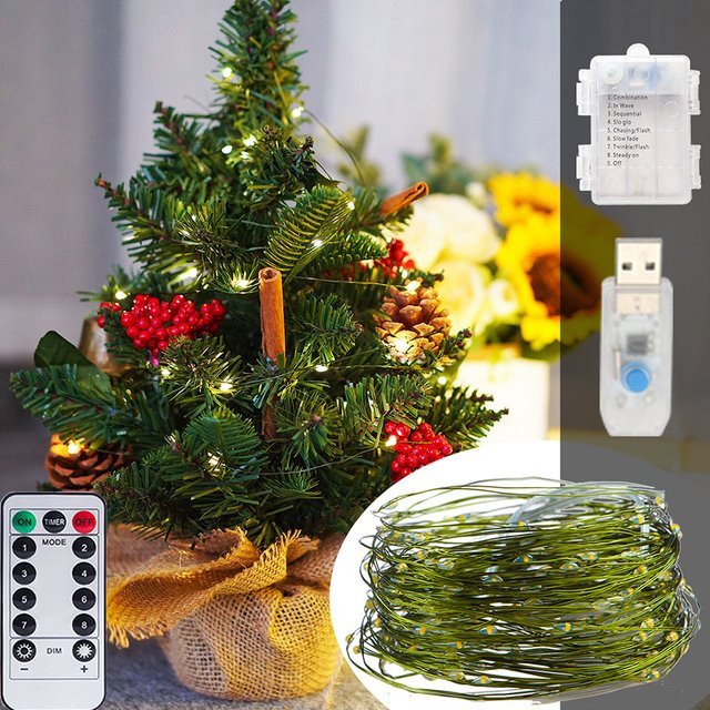 KIKIELF LED Lichterkette aus grünem Kupferdraht mit warmweißem Licht für Weihnachten, Garten und Party via USB oder Batterie - Bild 1