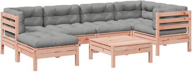 vidaXL 7-tlg. Garten-Sofagarnitur aus Massivholz Douglasie in L-Form mit Kissen und Ottoman, Farbe: Braun/Grau - Bild 1