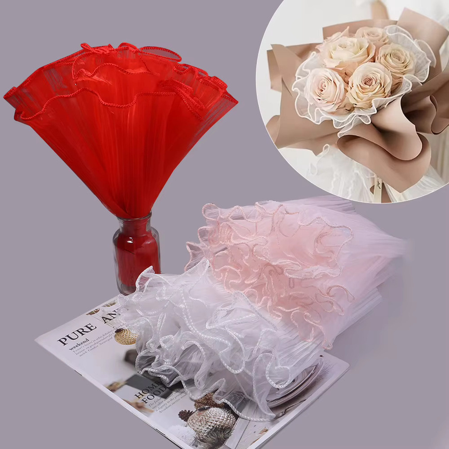 Pinkes Blumenverpackungspapier aus Wellengarn und Spitzennetz für Floristik und Bouquet-Geschenkverpackungen, Breite: 28 cm, Länge: 3,6 m - Bild 1