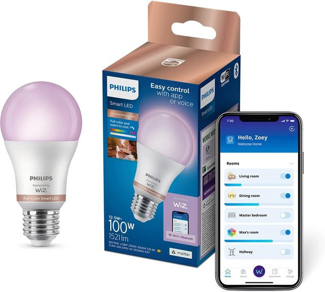 Philips WiZ LED Smart WLAN Leuchtmittel E27 Glühlampenform, 12,5 W, 1521 lm, Multicolor, 2.200 K, Weiß - Bild 1