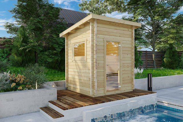 Kleine Außensauna Finn 2 im Holzhaus Design mit Vorraum für deinen Garten, B/T/H: 200 x 200 cm - Bild 1