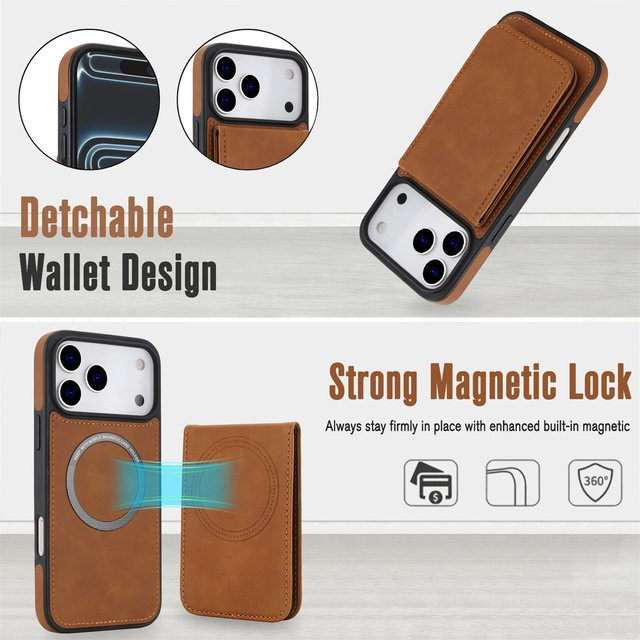 2in1 Magnetische abnehmbare Flip Leder Handyhülle mit Kartenhalter und Kickstand für Apple iPhone 16 15 14 13 12 Pro Max in Braun - Bild 1