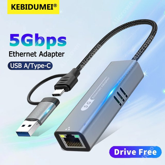 Kebidumei USB C auf 5 Gbit/s Ethernet-Adapter RJ45 USB 3.2 Gigabit Netzwerkadapter für Windows und Mac OS - Bild 1