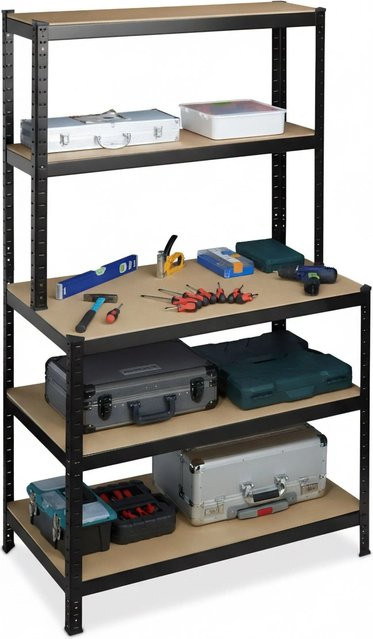 Relaxdays Schwerlastregal mit Werkbank aus Stahl und MDF in Schwarz und Braun, höhenverstellbar, B/T/H: 100 x 60 x 180 cm - Bild 1