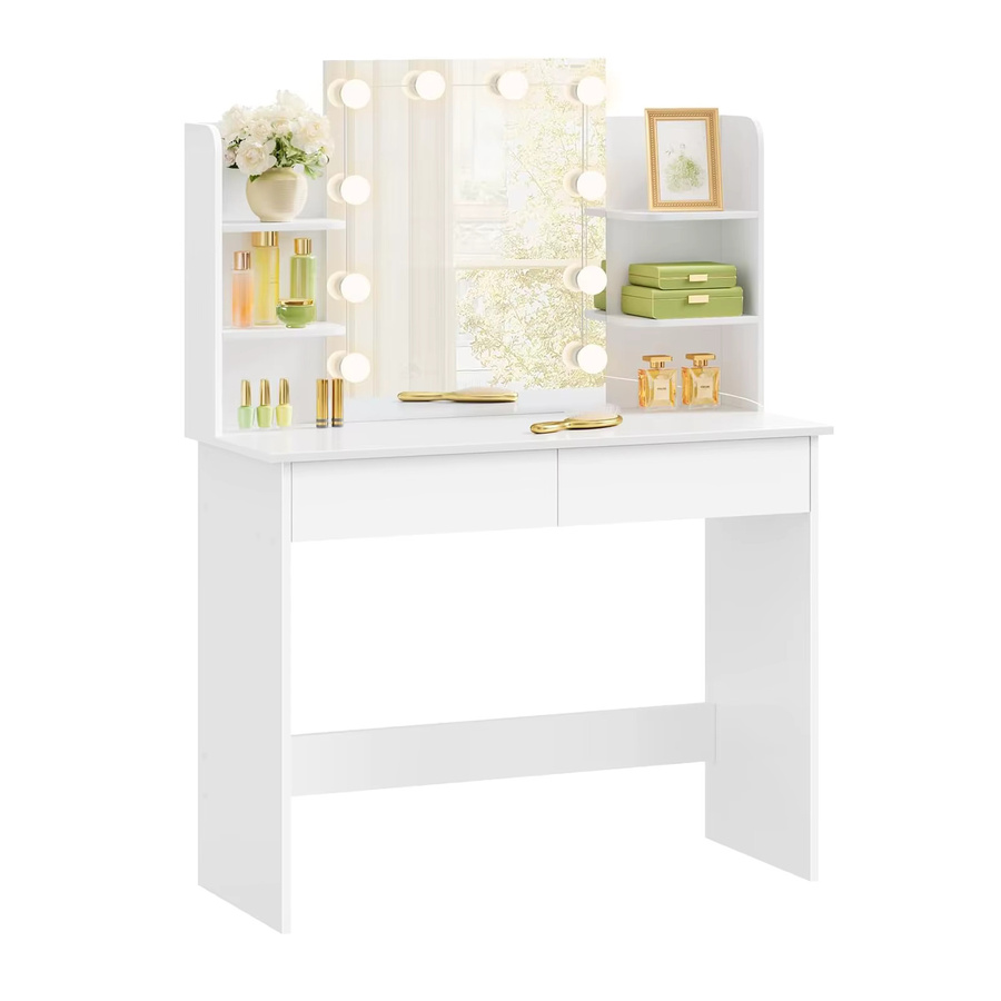 WOLTU Schminktisch mit LED-Spiegel in Weiß, Kommode mit 2 Schubladen und 4 Ablageflächen, B/T/H: 90 x 40 x 125 cm - Bild 2