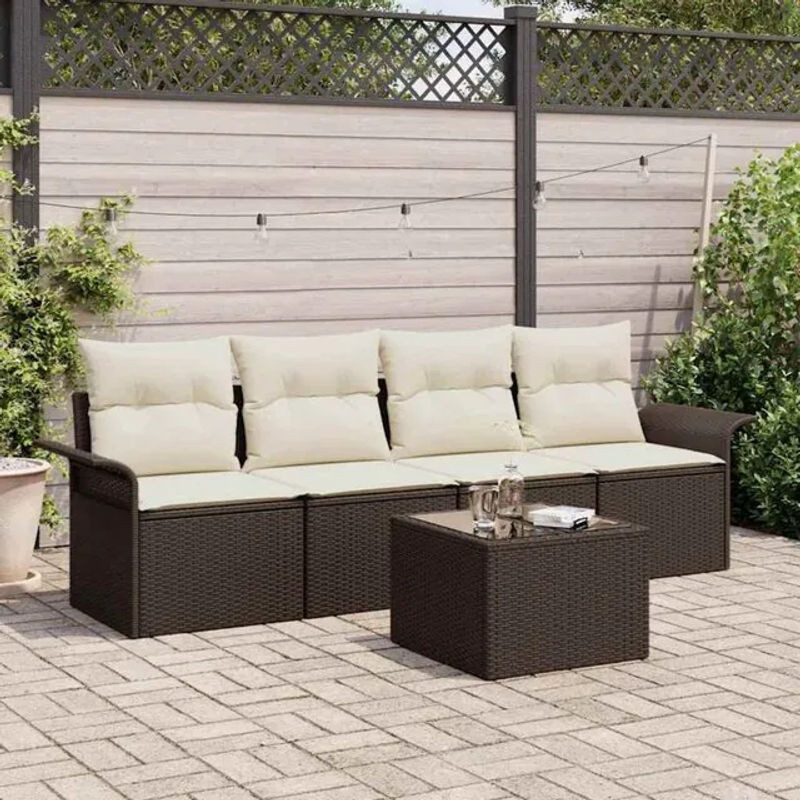5-teiliges modernes Garten-Sofaset von vidaxl aus braunem Poly-Rattan mit Kissen in Beige - Bild 1