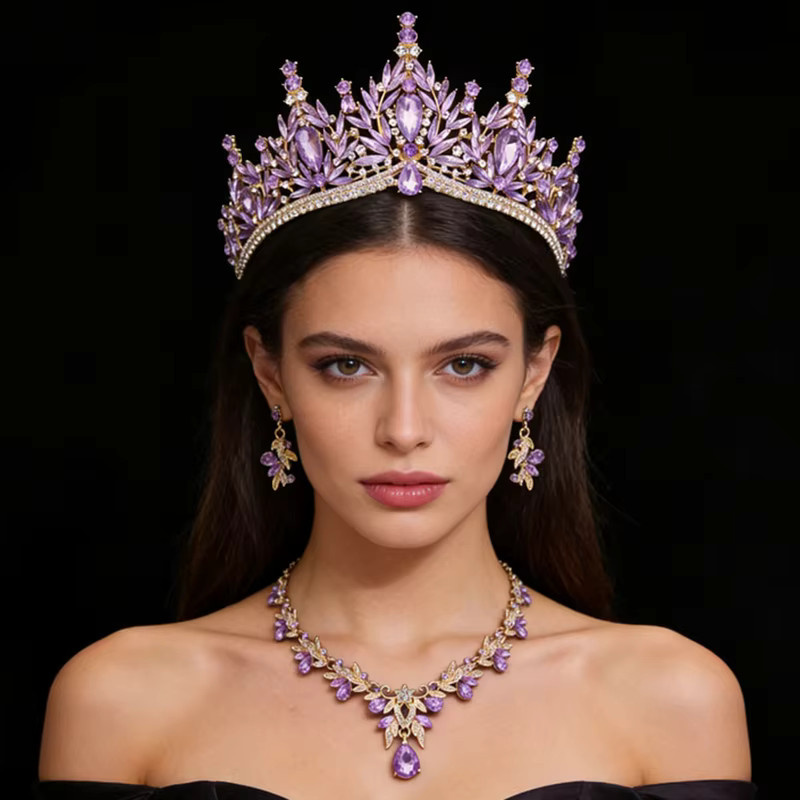 Schmuck-Set Cenmon, Diademe, Halsketten, Ohrringe, Lila, Kristall, Unisex - Bild 1