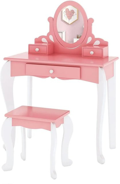 Costway Kinder Schminktisch in Rosa mit 3 Schubladen und 360 Grad Spiegel - Bild 1