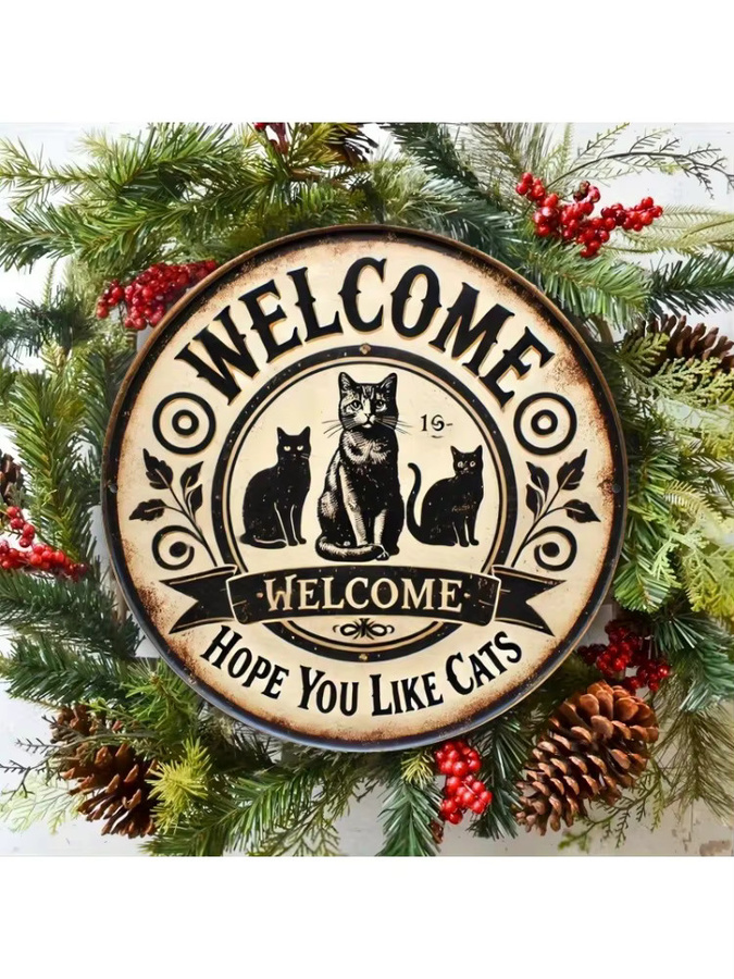Potdemiel Metallwandschild Welcome Hope You Like Cats Rund, Vintage Schwarz, Durchmesser: 19,81 cm - Bild 5