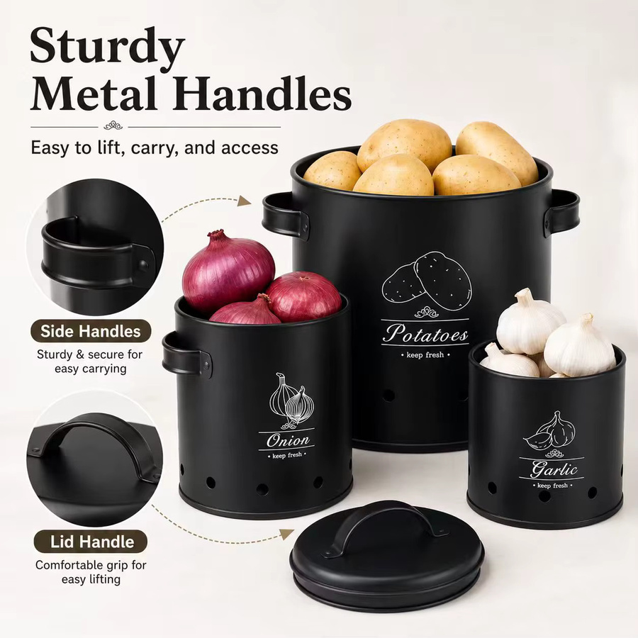 SAEIV 3-teiliges Kartoffel-Aufbewahrungsbox-Set aus Metall in Weiß zur Aufbewahrung von Kartoffeln, Zwiebeln und Knoblauch mit Belüftungslöchern - Bild 2