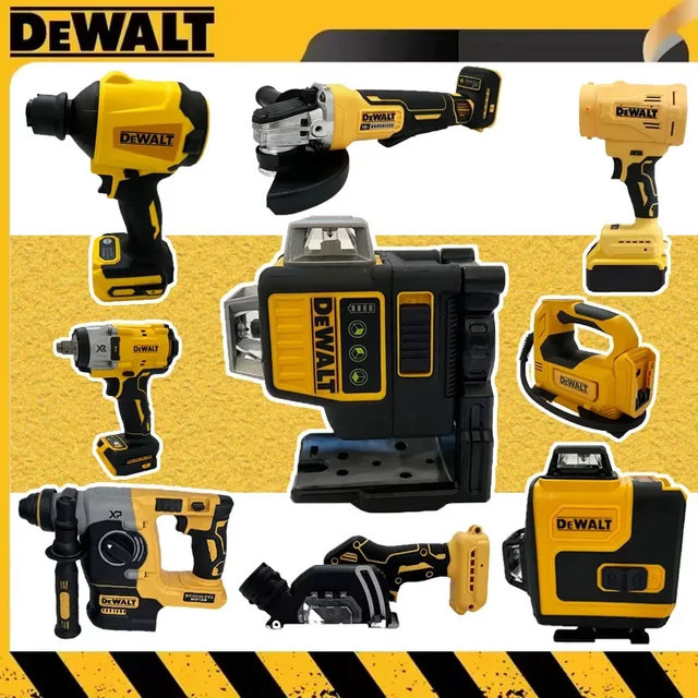 DeWalt Multifunktionales Elektrowerkzeug-Set Gelb für 18V mit bürstenlosem Motor inklusive Winkelschleifer, Schneidgerät, elektrischem Schraubenschlüssel, Polierer, Luftpumpe und Heißluftpistole - Bild 1