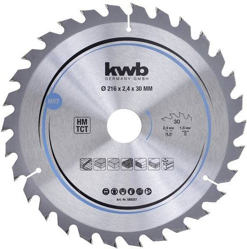Kwb Hartmetall Kreissägeblatt für Holz und Kunststoff, Farbe: Silber, Durchmesser: 216 mm, Bohrung: 30 mm - Bild 1