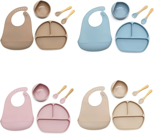 MIGITOS 5-teiliges Baby-Entwöhnungsset aus Silikon in Beige, inklusive Saugplatte, Schüssel, Löffel, Gabel und Lätzchen, spülmaschinenfest - Bild 1