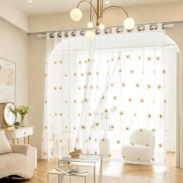 CENTURyMiG Transparenter Vorhang mit floraler Gänseblümchen-Stickerei in Weiß, UV-beständig und Sichtschutz, Breite: 100 cm, Höhe: 200 cm - Bild 1