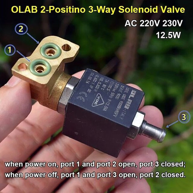 OLAB 9000BH Elektrisches 3-Wege-Magnetventil aus Messing in Gold, 2-Positionen, normalerweise geschlossen, AC 220V 230V für Kaffeemaschinen, Dampf und Heißwasser - Bild 1
