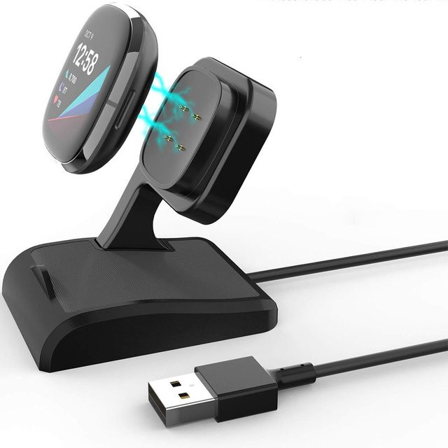 iHZCPRO Ladestation für Fitbit Sense, Sense 2, Versa 4 und Versa 3 in Schwarz mit USB-Kabel-Ersatz und USB-A sowie USB-C Anschluss - Bild 1