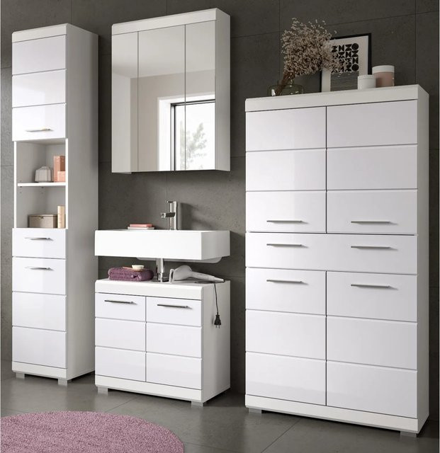 Inn.Furn Badmöbel-Set Shawn 4-teilig in Weiß Hochglanz mit Waschtischunterschrank, Spiegelschrank, Hochschrank und Seitenschrank, Breite: 201 cm - Bild 1