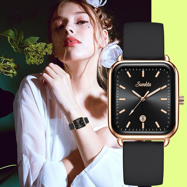 Sunkta Armbanduhr, Quarz, Eckig, Roségold, Silikonarmband, Schwarz, Unisex - Bild 1