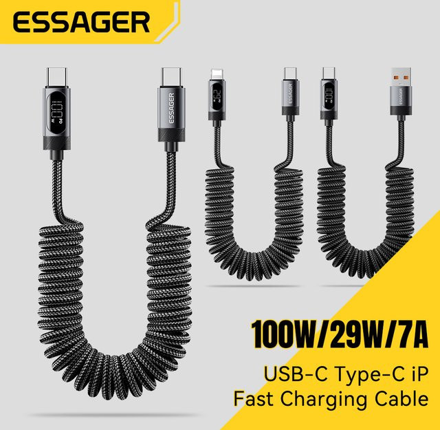 Essager Typ-C-zu-Typ-C-Schnellladekabel mit LED-Display, PD 100W, spiralförmiges Datenkabel für Xiaomi und Samsung, Schwarz oder Grau - Bild 1