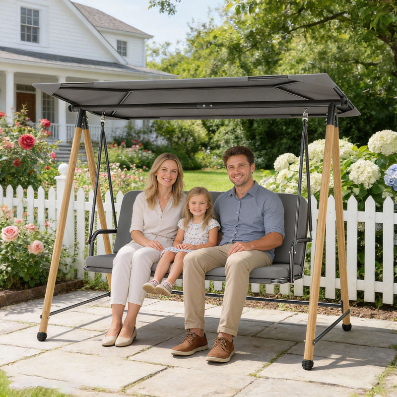 Outsunny Gartenschaukel 3-Sitzer mit verstellbarem Dach und dicken Kissen in Grau, Stahlrahmen, B/T/H: 208 x 125 x 180 cm - Bild 2