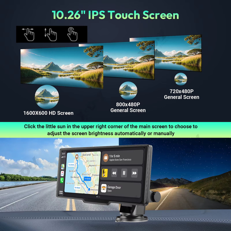ESSGOO 4K Dual-Lens Dashcam mit 10,26 Zoll Touchscreen, kabelloses Apple CarPlay und Android Auto, Videorecorder in Schwarz - Bild 5