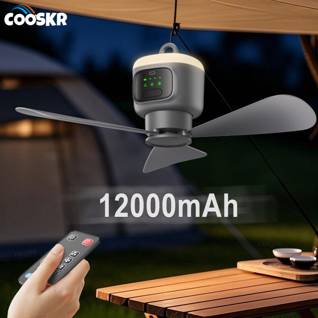 Tragbarer Deckenventilator von raugee in Grau mit 12000 mAh Akku, LED-Licht und Fernbedienung, ideal für Camping und Zelt - Bild 1