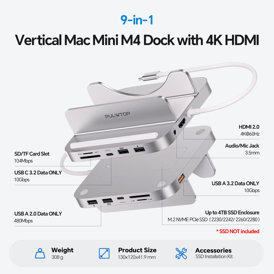 PULWTOP Mac Mini M4 Dockingstation mit HDMI 4K, M.2 SSD-Gehäuse und USB-C Hubständer in Silber - Bild 2
