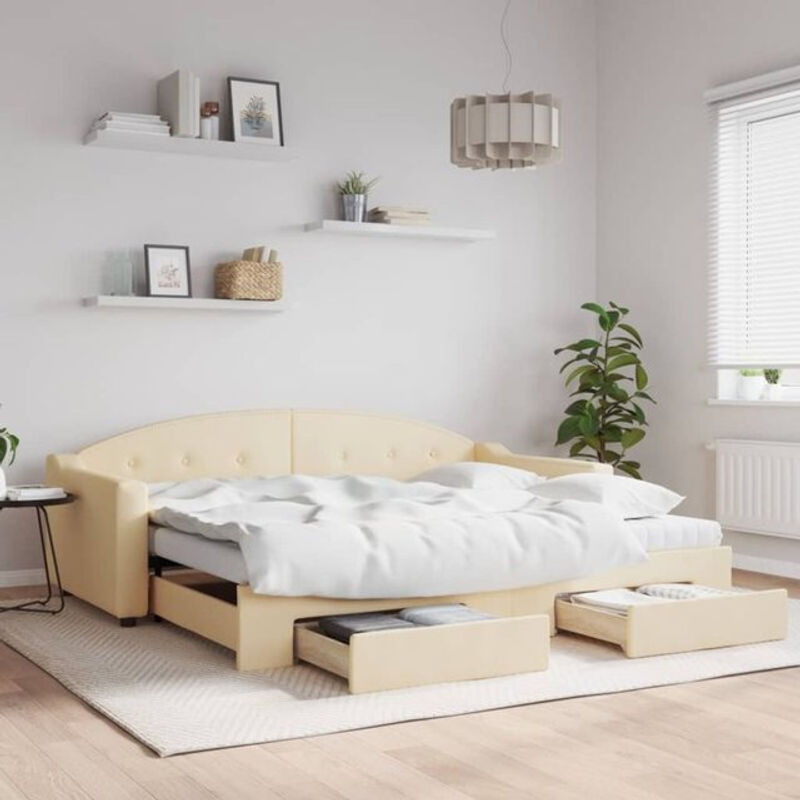 Ausziehbares Funktionsbett vidaxl mit Schubladen in Beige aus Stoff und Metall, B/T/H: 90 x 200 cm - Bild 1