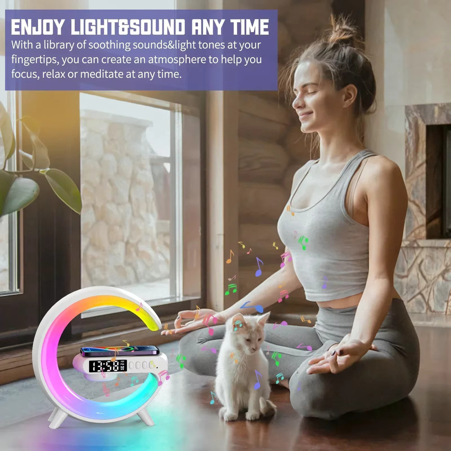 VIKEFON Bluetooth Lautsprecher mit kabelloser Ladestation, RGB Nachtlicht und Wecker in Schwarz - Bild 5