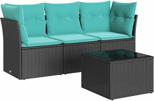 vidaXL 4-teilige Garten-Sofagarnitur in L-Form aus Poly-Rattan mit Kissen und Tisch, Schwarz-Blau - Bild 1