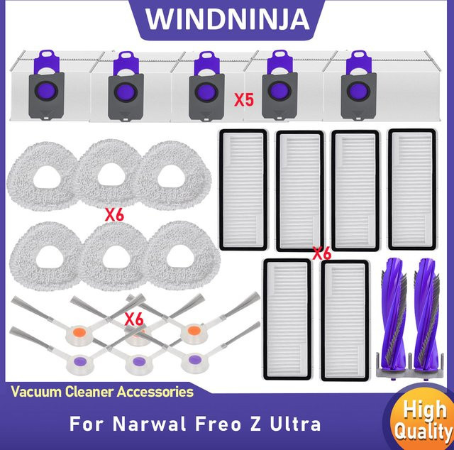 WINDNINJA Ersatzteil-Set für Narwal Freo Z Ultra Roboterstaubsauger mit Wischtuch, Staubbeutel, verwicklungsfreier Hauptbürste, Seitenbürste und HEPA-Filter aus Kunststoff - Bild 1