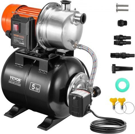VEVOR Flachbrunnenpumpe mit Druckbehälter, 1193W (1.6 HP), 83 l/min, Automatisches Bewässerungssystem mit 19 l Tank, Edelstahl-Pumpenkopf für Haus, Garten und Rasen - Bild 1