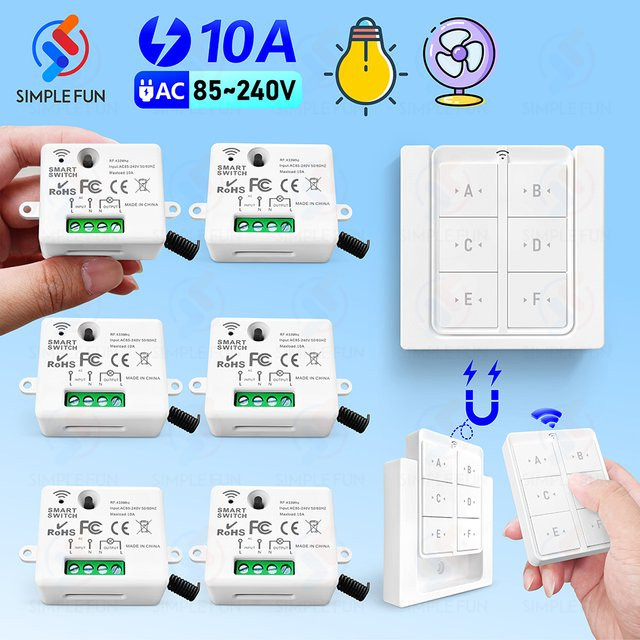 SLMPLEFUN Kabelloser Fernbedienungs-Lichtschalter 433 MHz mit magnetischem Wandschalter und Mini-Relaismodul für Lampen und Ventilatoren, 110 V - 220 V, 10 A - Bild 1