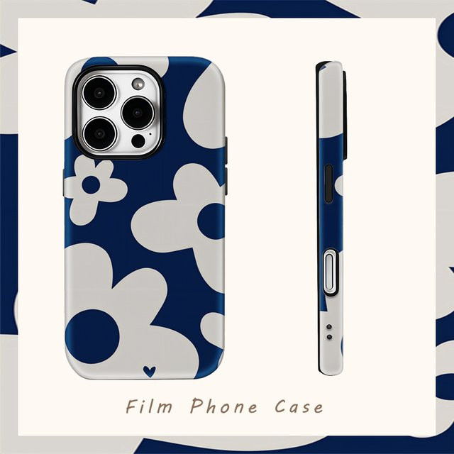 Marineblaue Blumen-Handyhülle mit doppellagiger Rückseite für iPhone 17AIR 16E 16 15 14 13 12 11 Pro Max Plus - Bild 1