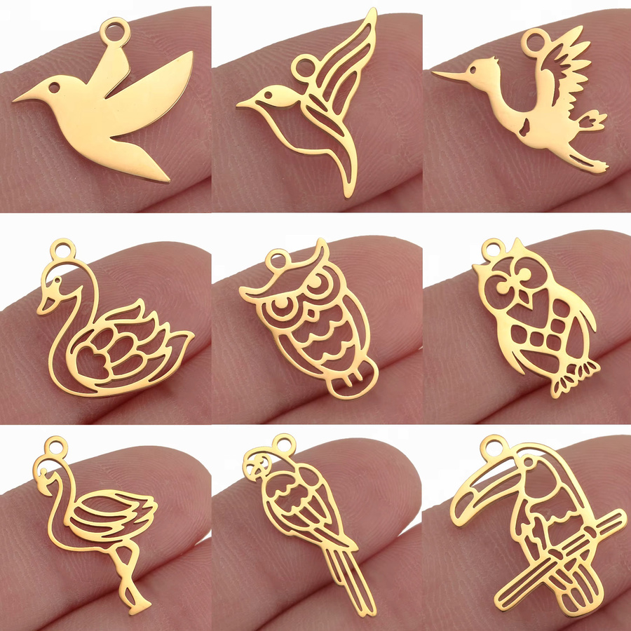 5 Stück Charms Anhänger Edelstahl, Eule, Kolibri, Papagei, Gold, Unisex - Bild 2