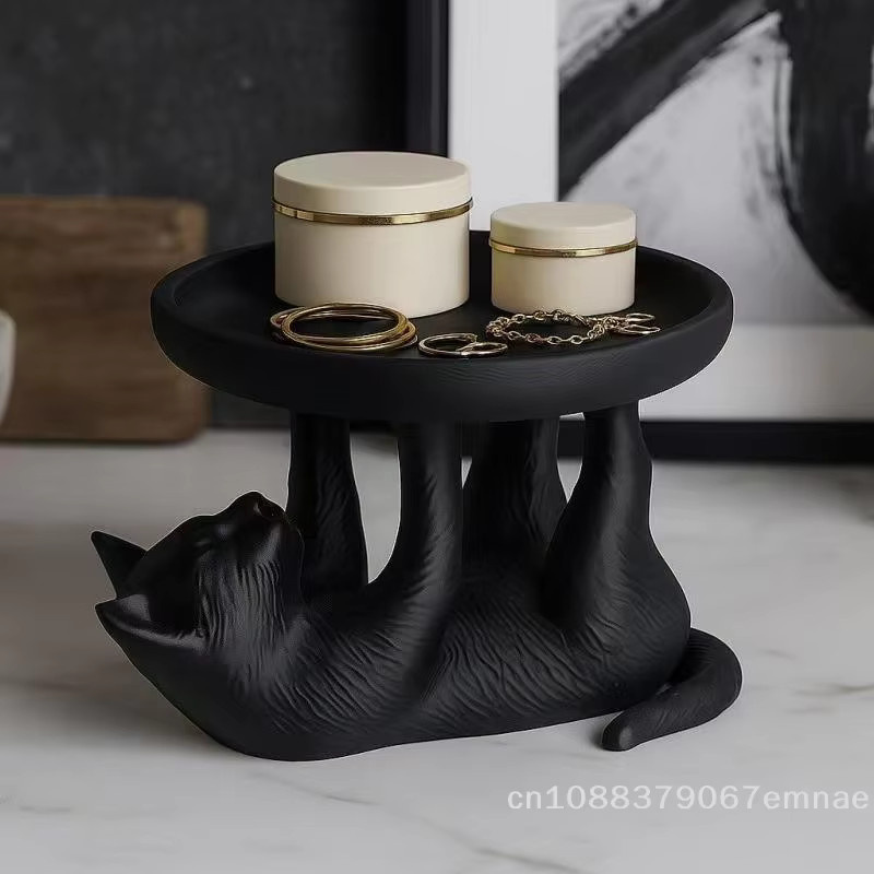 ZYAS Schmucktablett mit Katzen-Design, rundes 3D-gedrucktes Tablett aus Kunststoff, Schwarz - Bild 4