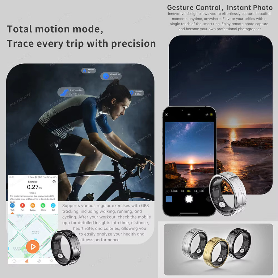 Ola Esporte Smart Ring 2026 mit Gesundheits- und Schlaf-Tracker, Herzfrequenz- und Blutsauerstoff-Monitor, Videoaufnahme, 5ATM Wasserdicht, Unisex, Schwarz - Bild 5