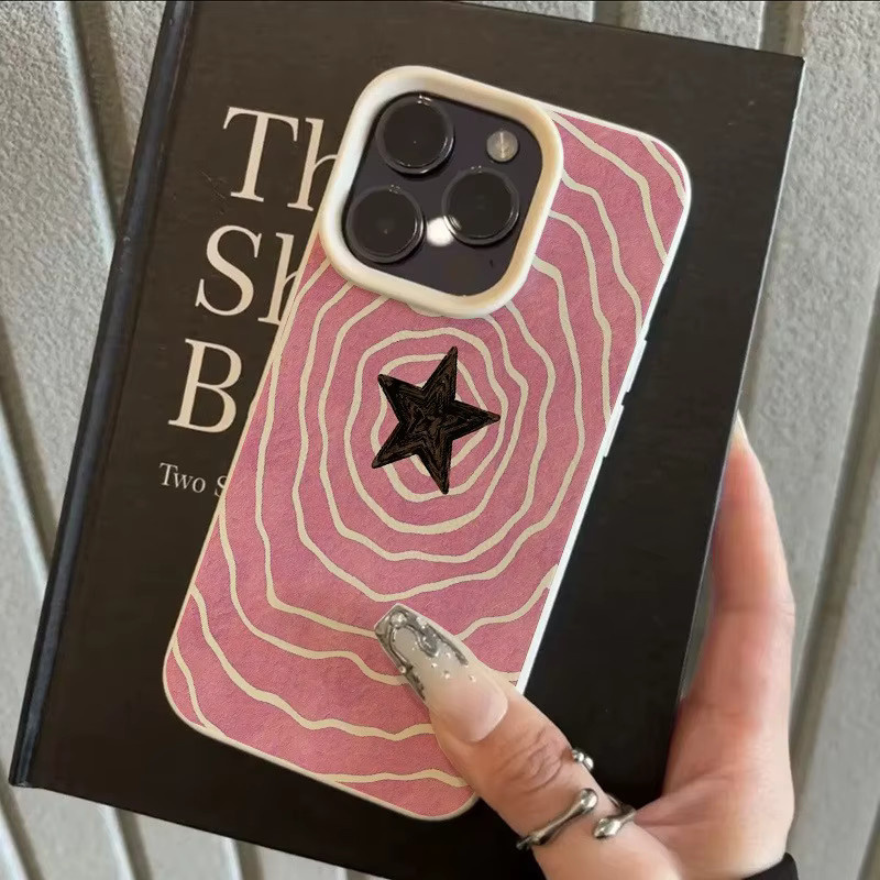 Apple Handyhülle mit Litschi-Struktur und Sternenmuster in Pink und Beige für iPhone 17, 16, 15 Pro Max Plus Series - Bild 2