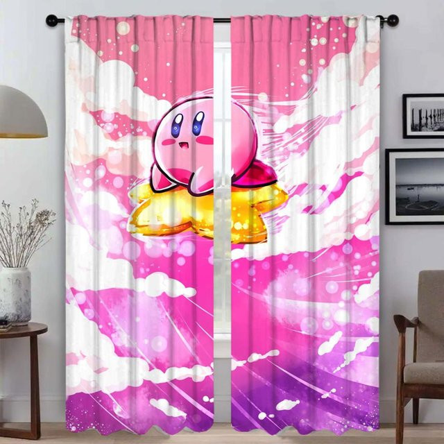 Kawaii Cartoon Kirby Fenstervorhang Set aus 2 Paneelen in Pink, halbtransparent mit Grafikdesign, Breite: 50 cm, Höhe: 70 cm - Bild 1