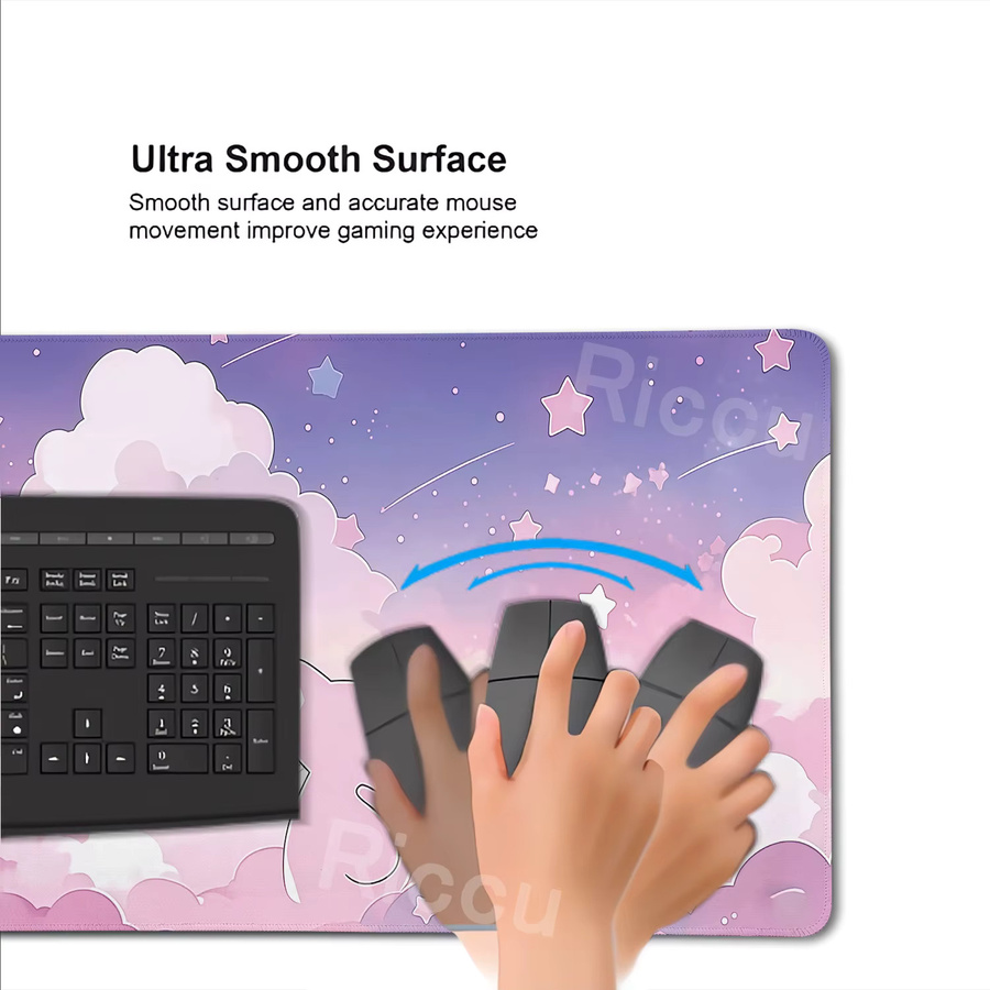 Riccu Gaming Mauspad mit Cartoon-Katze in Rosa, rutschfeste Schreibtischunterlage aus Naturkautschuk für E-Sport und Computer - Bild 2