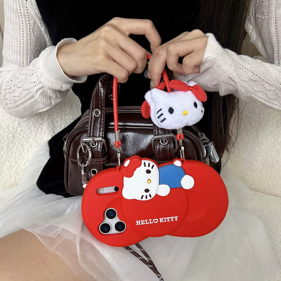 Ins-Style Hello Kitty Handyhülle für Apple iPhone mit Stoßfestem Schutz, Griff und Schlüsselband in Schwarz und Rot - Bild 3