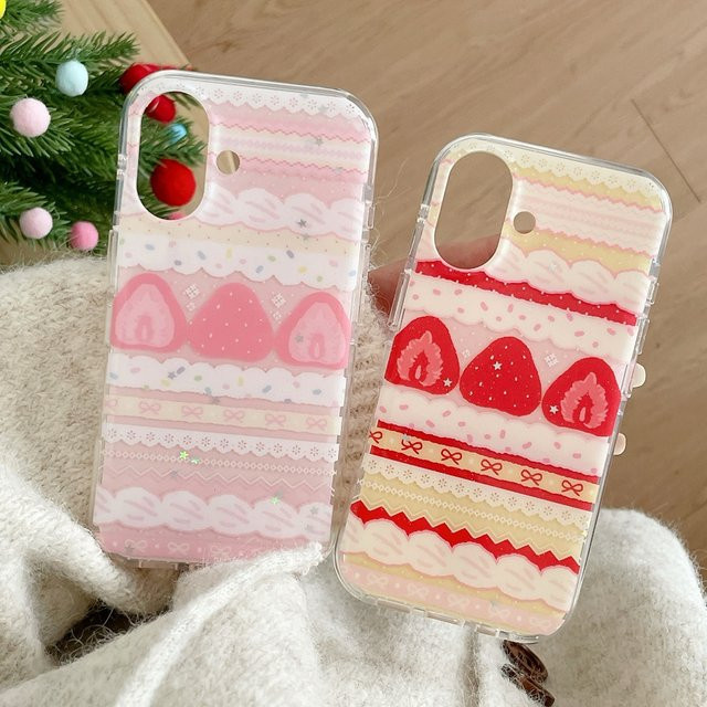 Schutzhülle für Apple iPhone 17, 16, 15, 14 Pro Max mit Erdbeerkuchen-Design, Spitze und Schleife in Cremeweiß und Pink - Bild 1