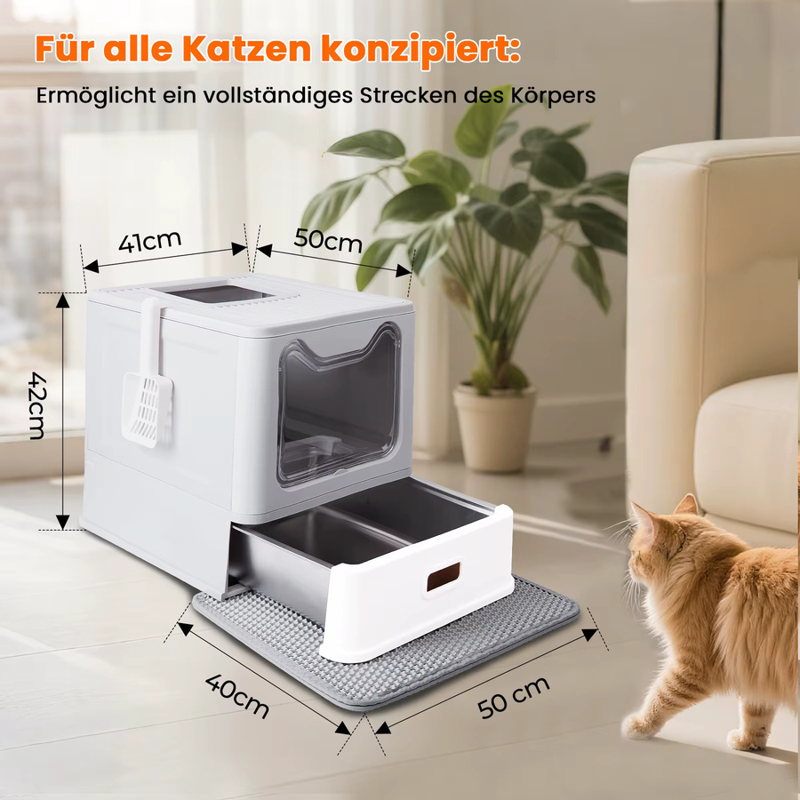 LEEJARD Katzentoilette aus Edelstahl mit Deckel und ausziehbarem Tablett in Weiß inklusive Katzenklo Matte und Schaufel für Katzen bis 15 kg - Bild 2