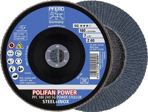 PFERD Power Steelox Fächerschleifscheibe Blau Körnung 40 Durchmesser 180 mm Bohrungs-Ø 22,23 mm 10 Stück - Bild 1