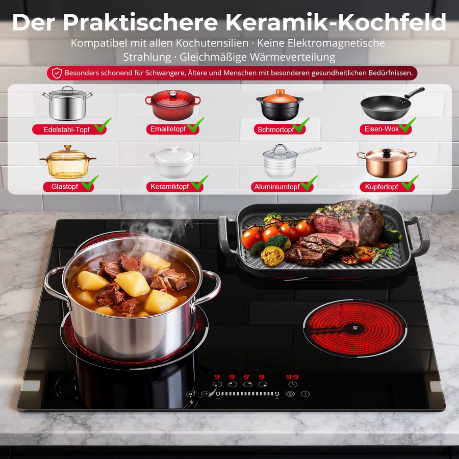 KICHPOWER Keramikkochfeld in Schwarz mit 60 cm Breite, elektrisches Glaskeramikkochfeld mit ovaler und dreifacher Ringzone, 9-stufiger Touch-Steuerung, Timer und Kindersicherung - Bild 5